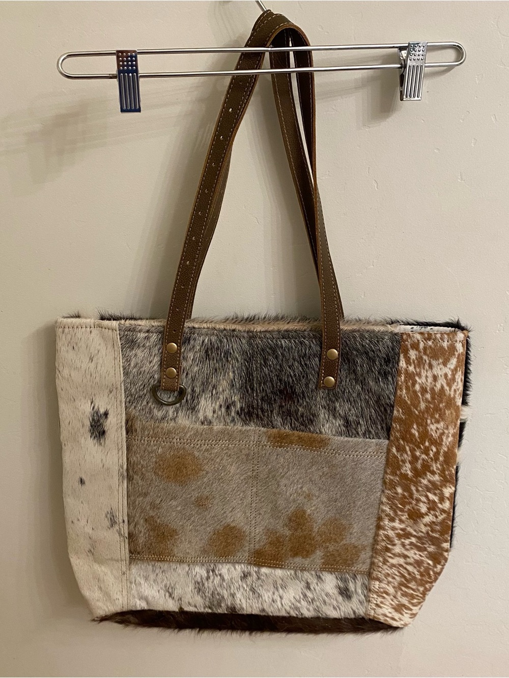 Myra Bags Large Cowhide Leather Tote Multicolor Patchwork 15x14x3.5-inches boho - Picture 4 of 9